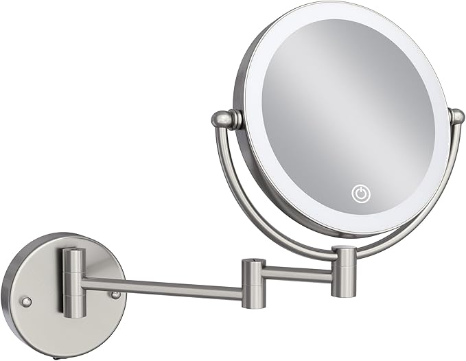 8" Rechargeable Lighted Wall Mounted Makeup Mirror with Magnification, Double-Sided 1X/10X Magnifying Foldable Touch Control 360 Swivel Extendable Arm for Bathroom, Brushed Nickel