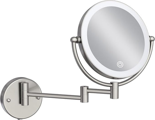 8" Rechargeable Lighted Wall Mounted Makeup Mirror with Magnification, Double-Sided 1X/10X Magnifying Foldable Touch Control 360 Swivel Extendable Arm for Bathroom, Brushed Nickel