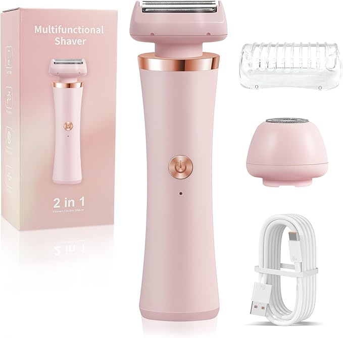 Bikini Trimmer for Women & Men - 2 in 1Replaceable Painless Electric Razor for Body & Face,Wireless Portable Trimmer for Women Wet & Dry Electric Shaver,IPX7 Waterproof,USB Rechargeable