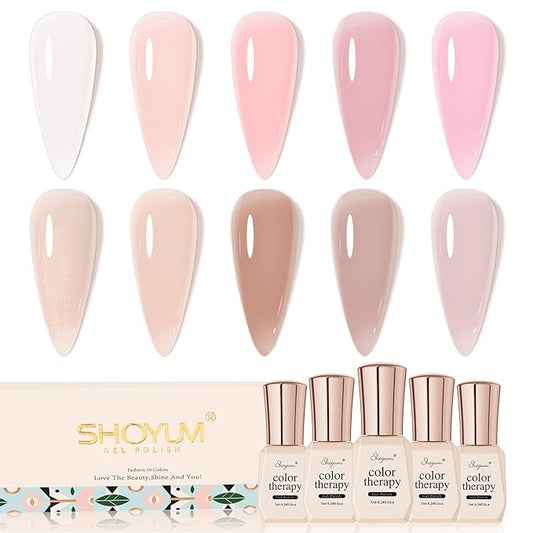 Jelly Nude Gel Nail Polish Set, 10Pcs Sheer Milky White Pink Transparent Gel Polish Kit UV LED Nail Gel Polish Colors Varnish Nail Art DIY Salon 7ML