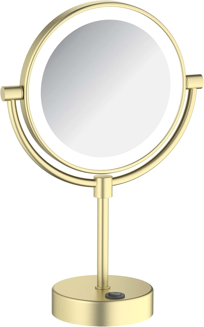 KIBI Circular Lighted Makeup Mirror with LED Lights and Magnification | 360-Degree Swivel with Adjustable Brightness, Dual-Sided Mirror for Desk with 5X Magnification (Brushed Gold Finish, KMM104)