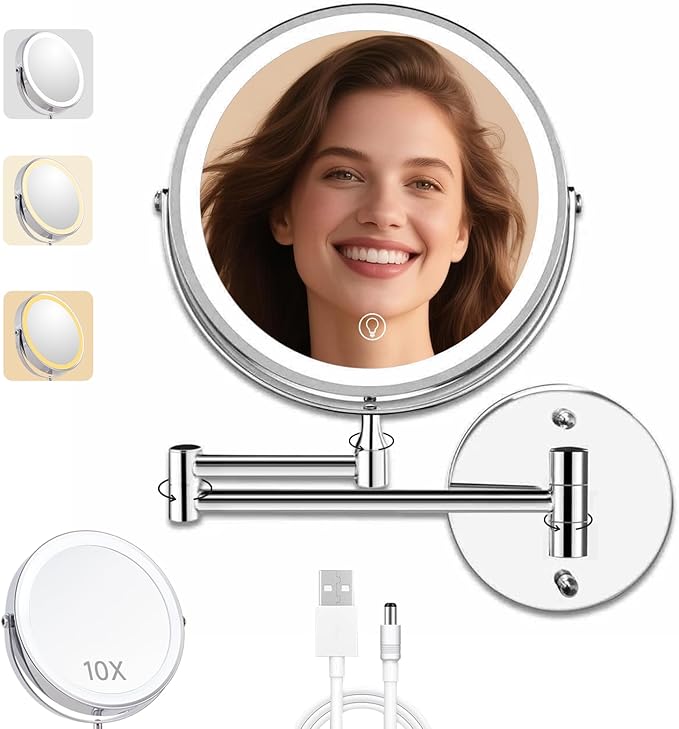 1X/10X Wall Mounted Lighted Makeup Mirror - 8" Dual-Sided Vanity Mirror with 3 Color Lights for Bathroom Bedroom Makeup Studio | 4000 mAh-USB Rechargeable | Touch Dimmable | Extended Arm 360° Rotation