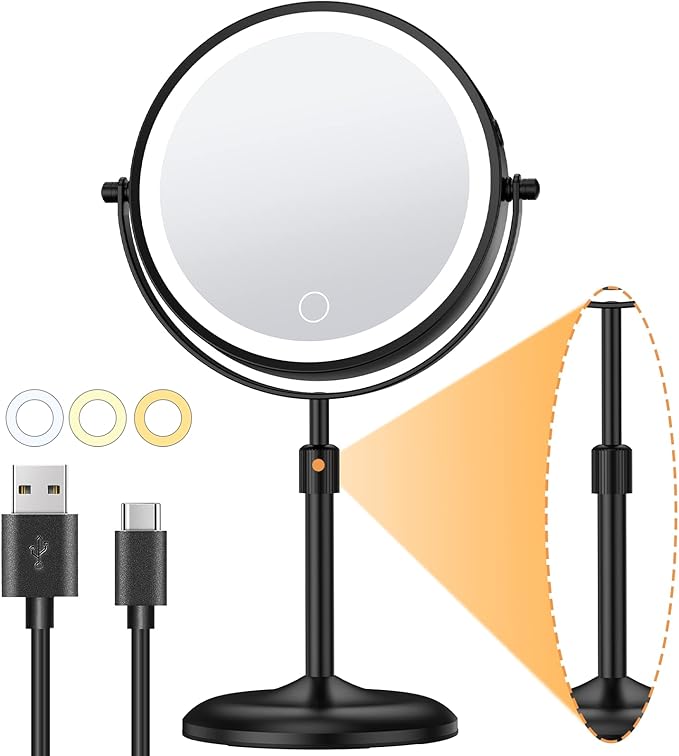 Gospire 7" Lighted Makeup Mirror with Magnification 10X/1X, Height Adjustable & 3 Color Dimmable Lights, 360° Swivel Double Sided Light up Rechargeable LED Cosmetic Vanity Cordless Standing