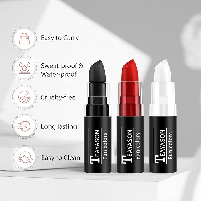 Black Red White Face Paint Halloween Makeup Kit, Matte Lipstick Set Football Baseball Eye Black Stick, Body Paint Face Makeup for Halloween Zombie Clown Vampire Skeleton Joker Cosplay