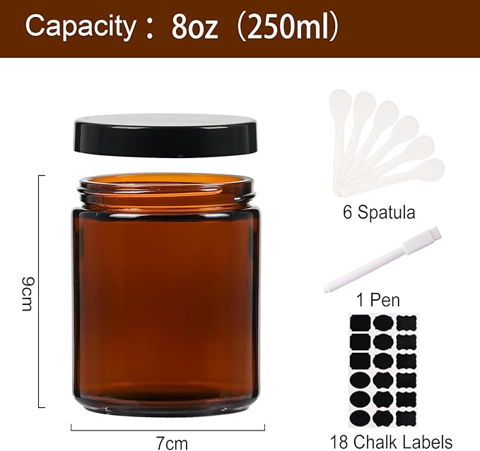 12 Pack 8 oz Round Amber Glass Cosmetic Jars with Black Lids, Spatula, Chalk Labels, Pen, Candle Holder, Refillable Containers for Makeup, Cream, Sugar Scrubs, Bath Salts