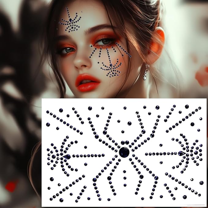 Face Jewels Stick on Face Costume Black Red Gems Self-Adhesive Makeup Halloween Dress Up Rhinestone Stickers for Festival Holiday Party Accessories (blackred_spider)