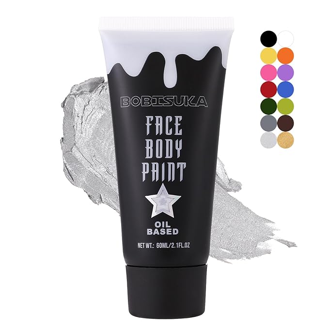 BOBISUKA Silver Face Body Paint, Metallic Oil-based Painting Kit, Cream Blendable Facepaint for Halloween Cosplay, Costume, Parties, Stage, Theater, SFX Special Effect Makeup（2.1 Fl.oz）