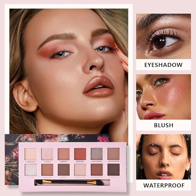 12Colors Eye Shadow Palette With Mirror and Brush,Nude Pink Brown Neutral Natural Eyeshadow Palette,Long Lasting Waterproof Travel Size Makeup Pallete