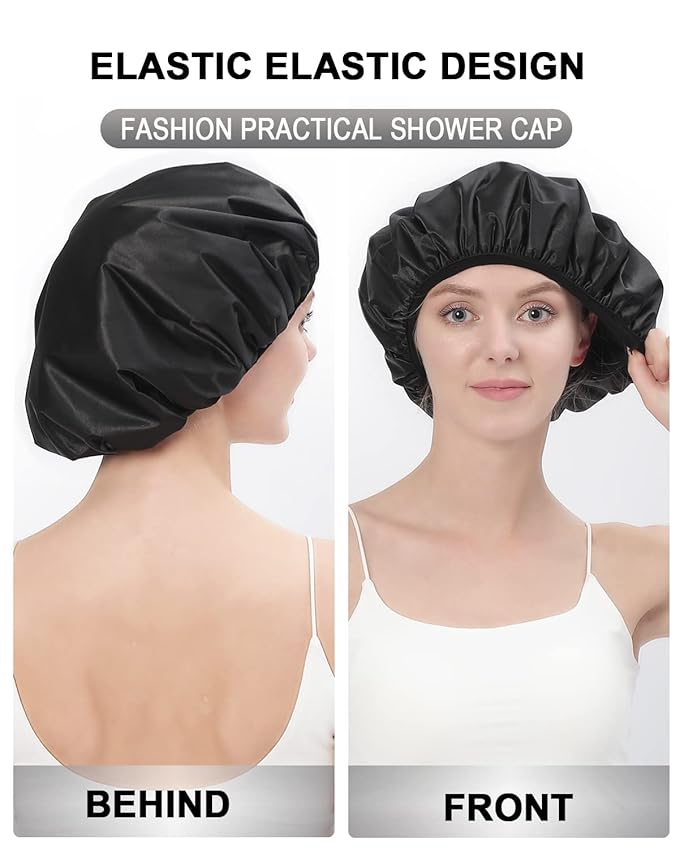 YIZIJIZI Terry Lined Shower Cap,Triple Layer Large Cap for Women,Shower Cap Reusable Waterproof,Long Thick Hair(Black)