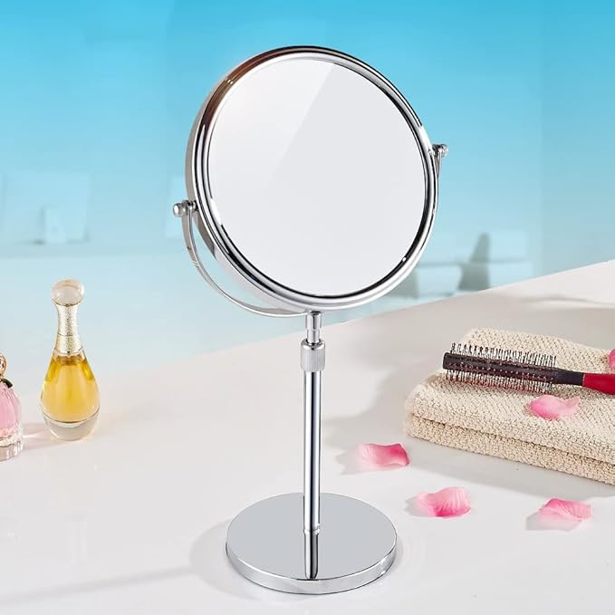 Nicesail 19 Inch Tall Makeup Mirror with 10X Magnification, Make up Mirror 8 Inch Double-Sided, Table Mirror with Pedestal for Shaving, Standing Mirror Height Adjustable Chrome Finish (8 Inch, 10X)