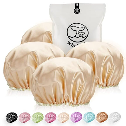 Shower Cap for Women Reusable Extra Large Shower Cap for Men (Golden 4 Pack Large) Satin Double Layer EVA Waterproof Long Hair Cap