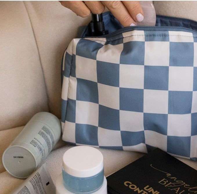 Tiny Twinkle Portable Waterproof Makeup Bag | Travel-Friendly Cosmetic Organizer with Convenient Carry Handle | Spacious Interior, and Secure Zipper Closure (Blue Checkers)