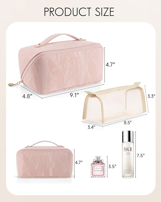 Vlando Makeup Bag,Large Capacity Toiletry Bag for Women Waterproof Portable Make up Pouch PU Leather Open Flat Cosmetic Bag(Sand Pink)