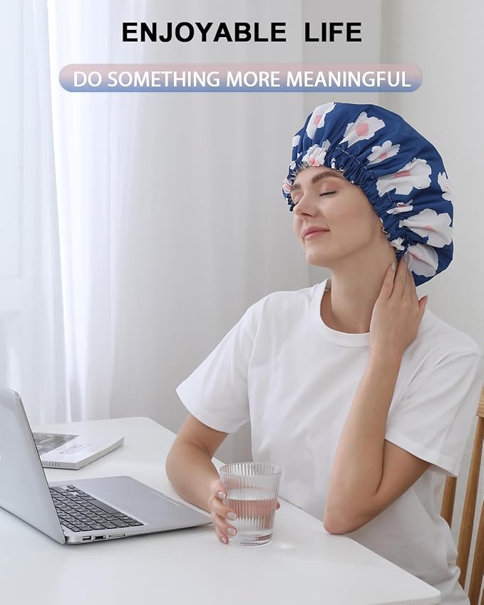 YIZIJIZI Shower Cap,Shower Caps for Women Reusable Waterproof,Two Layer Large Shower Caps Reusable Suitable for All Types of Straight Hair, Curly Hair, Long Hair,Braids (Blue flowers)