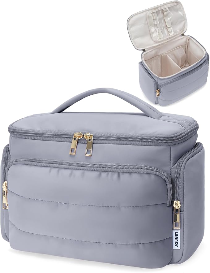 WANDF Travel Toiletry Bag for Women, Wide-open Large Makeup Bag with Handle, Puffy Makeup Organizer for Toiletries, Cosmetics, Accessories, Essentials (Slate Blue)