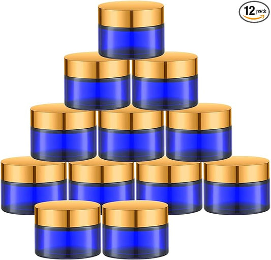1 Oz Cobalt Blue Round Glass Jars with Gold Lid, Empty Glass Containers with Inner Liners, Refillable Cosmetic Vials for Cream, Lotion, Ointment (12 PCS)
