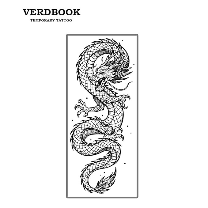 Waterproof Temporary Tattoos: 2-Sheet Tattoo Kit with Realistic Body Stickers, Semi-Permanent Tattoos for Adults Lasting 7-15 Days – Safe for Men & Women, Grid Dragon Pattern
