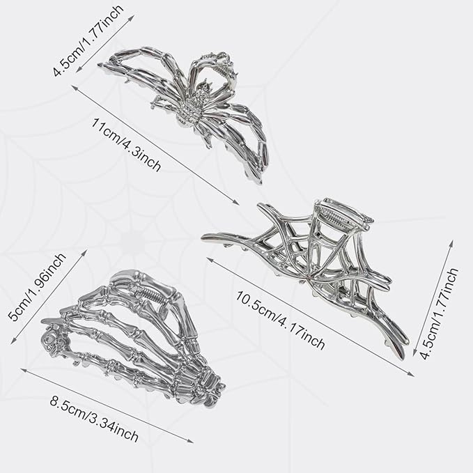 3 Pieces Large Metal Spider Net Hand Hair Claw Clips for Women and Girls Thick Long Hair, Nonslip Skeleton Spooky Barrette Headband Hair Styling Accessories for Halloween Christmas Gifts
