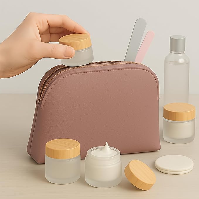 16Pcs 1oz & 1.7oz Glass Cosmetic Containers with Wood Grain Lids – Refillable Frosted Glass Jars, Leakproof Cream Containers for Travel, Body Scrub, Lotion, Lip Scrub, DIY Skincare（50ml/30ml）