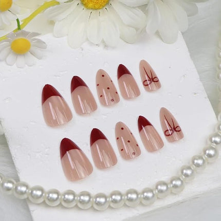 Short Press on Nails Almond Fake Nails with French Bow Dot Designs Cat Eye Nails Press ons Nude Pink False Nails Artificial Christmas Acrylic Nail for Women Girls 24 Pcs