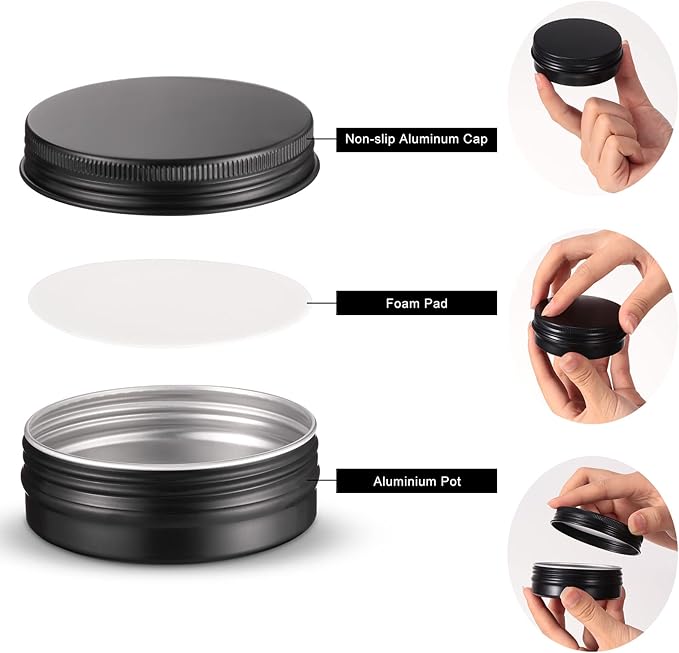 Therwen 96 Pcs Aluminum Tin Jars Containers Metal Leak Proof Cosmetic Tin Jars Containers Round Screw Lids Lip Balm Can Empty Refillable Cosmetic DIY Storage (1 x 2.7 Inch,Black)