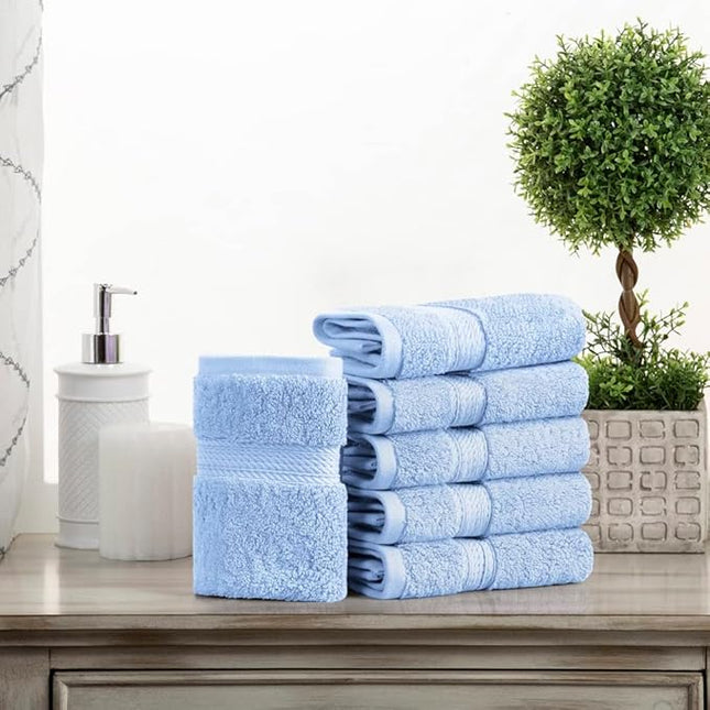 Superior Egyptian Cotton Pile Face Towel/Washcloth Set of 6, Ultra Soft Luxury Towels, Thick Plush Essentials, Absorbent Heavyweight, Guest Bath, Hotel, Spa, Home Bathroom, Shower Basics, Light Blue