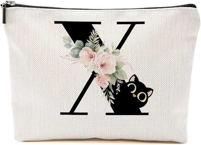 Floral Cat Initial Makeup Bag, Personalized Skin Care Bag, Travel Organizer Toiletry Bags for Women Mom Friends, Cosmetic Bags Makeup Pouch with Zipper, Letter X