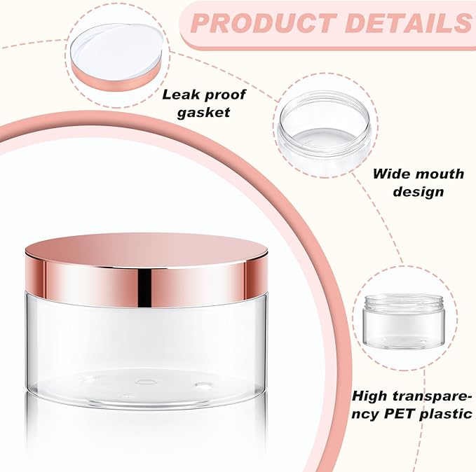 Uiifan 48 Pcs 8 oz Plastic Jars with Lids &labels, Empty Refillable Cosmetic Leak Proof Containers for Cream Body Butters Powder Ointment Lip Scrub(Clear with Rose Gold Lids)