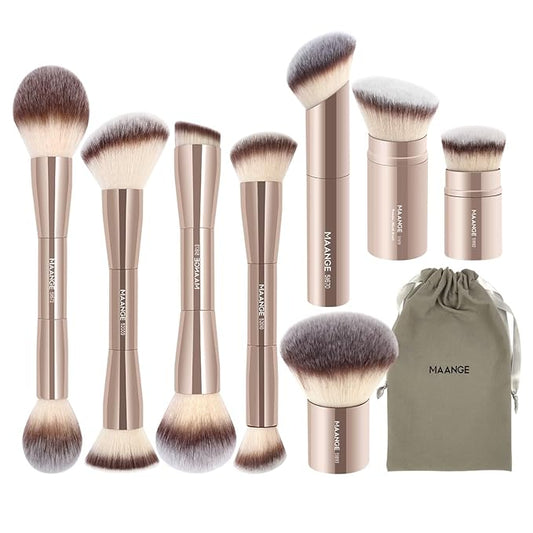 MAANGE 8 Pcs Makeup Brushes with Bag, Double-End Multi-functional Makeup Brushes for Blending Liquid Powder Concealer Cream Blush Buffe (Gold)