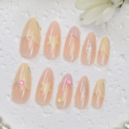 French Tip Press on Nails Almond Medium Fake Nails with Light Pink Yellow Star Rhinestones Designs Nails Press ons Glossy Acrylic Nail Cute Stick on Nail for Women 24 Pcs