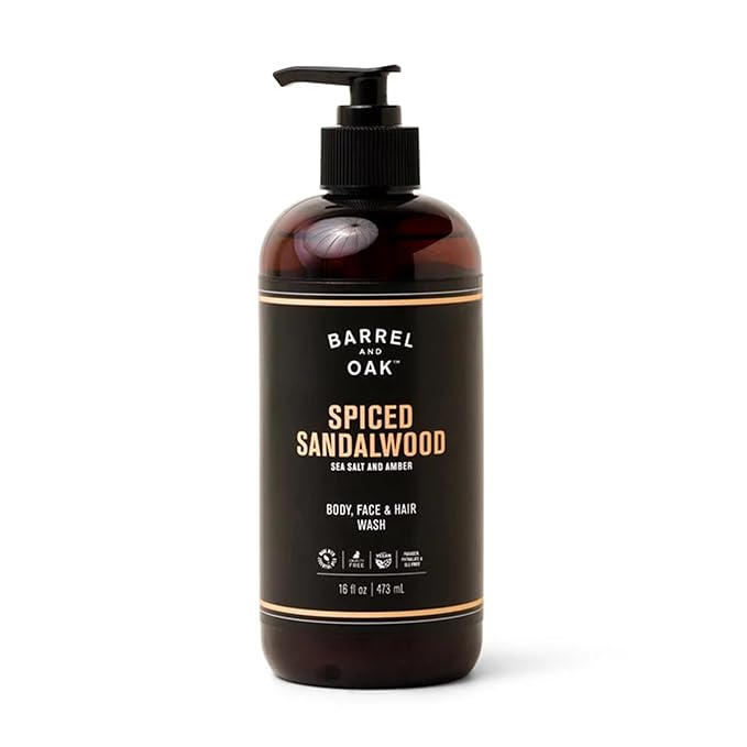 Barrel and Oak - All-In-One Body Wash, Men's Face, Hair, & Body Wash, Natural Exfoliator & Moisturizer, Hydrates Hair & Beard, Fragrant Amber Scent, Certified Organic (Spiced Sandalwood, 16oz)