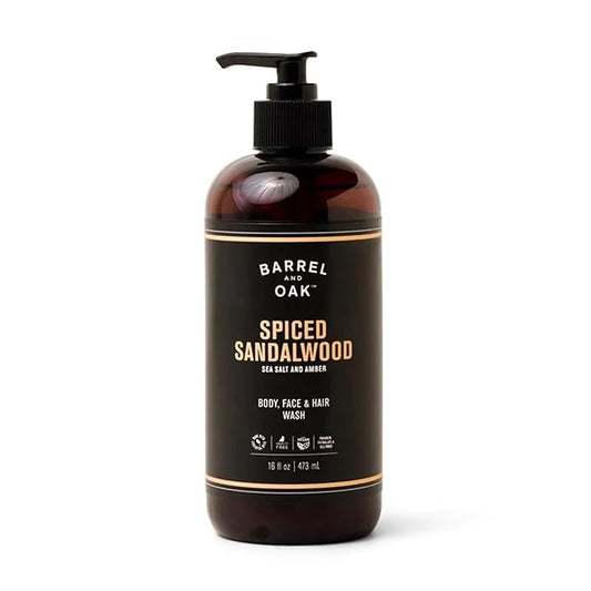 Barrel and Oak - All-In-One Body Wash, Men's Face, Hair, & Body Wash, Natural Exfoliator & Moisturizer, Hydrates Hair & Beard, Fragrant Amber Scent, Certified Organic (Spiced Sandalwood, 16oz)