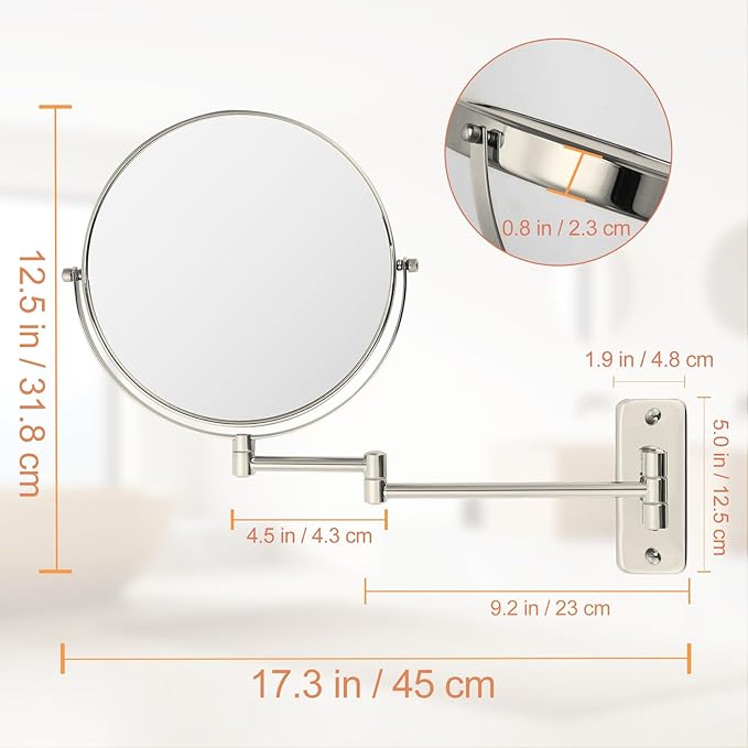 8" Wall Mount Magnifying Mirror, 1X/10X Double-Sided Makeup Mirror Wall Mounted with Extendable Folding Arm, 360° Rotation, Brushed Nickel, Perfect for Shaving & Makeup in Bathroom (No Light)