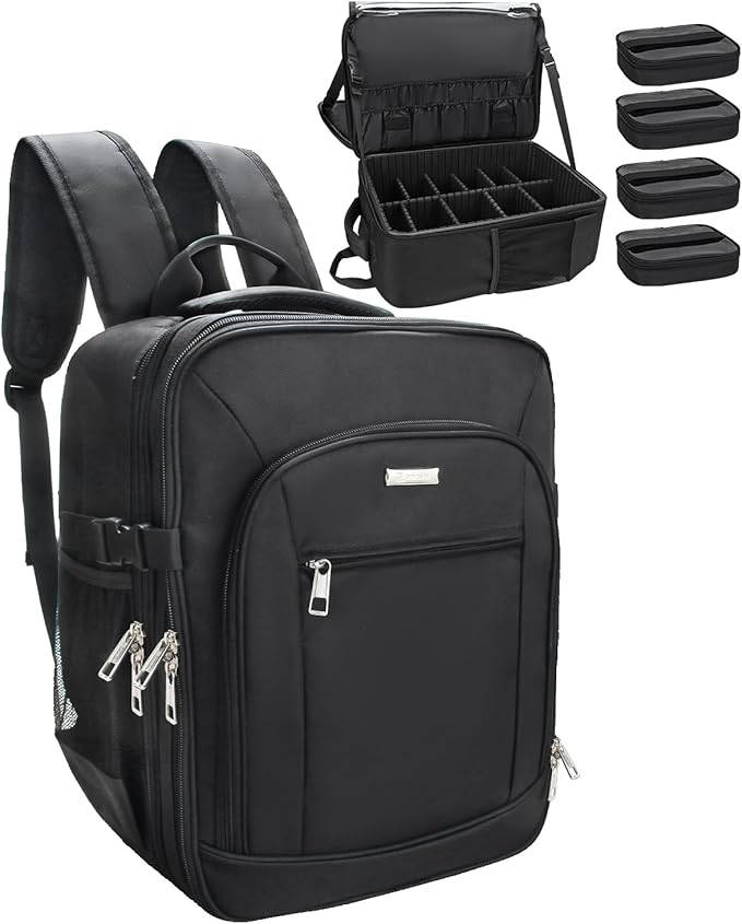 Makeup Backpack Makeup Artist Bag Professional Extra Large Cosmetic Bag Travel Train Case Storage Organizer Double-Layer Large Capacity Cosmetic Case with 4 Pouch(Black)