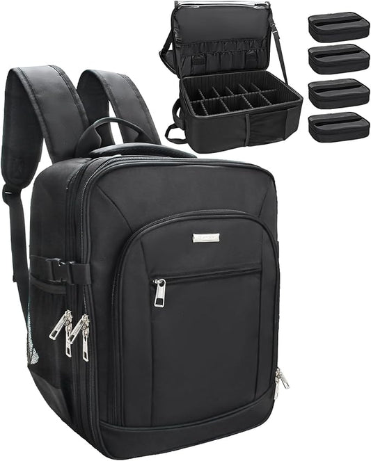 Makeup Backpack Makeup Artist Bag Professional Extra Large Cosmetic Bag Travel Train Case Storage Organizer Double-Layer Large Capacity Cosmetic Case with 4 Pouch(Black)