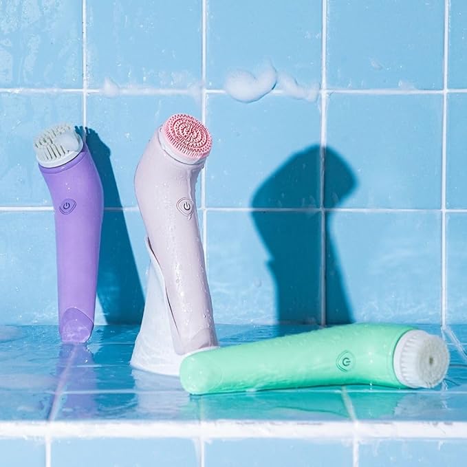 Fancii Facial Cleansing Brush with Self Cleaning Station, Rechargeable & Waterproof - Electric Face Scrubber for Gentle Exfoliation and Deep Scrubbing - 2 Exfoliating Brush Heads, Skylar (Green)