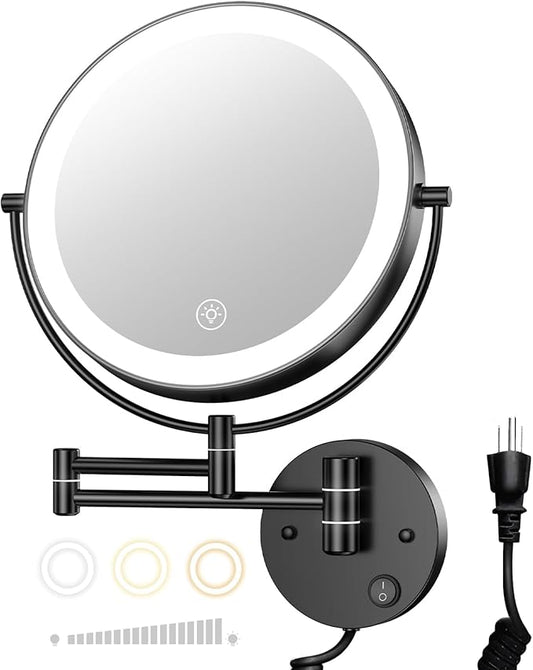 Gospire 9” Wall Mounted Lighted Magnifying Mirror, 1X/10X Magnification Double-Sided LED Bathroom Mirror, 3 Color Lights & Stepless Dimming with Touch Sensor, Extendable Arm 360° Swivel for Shaving