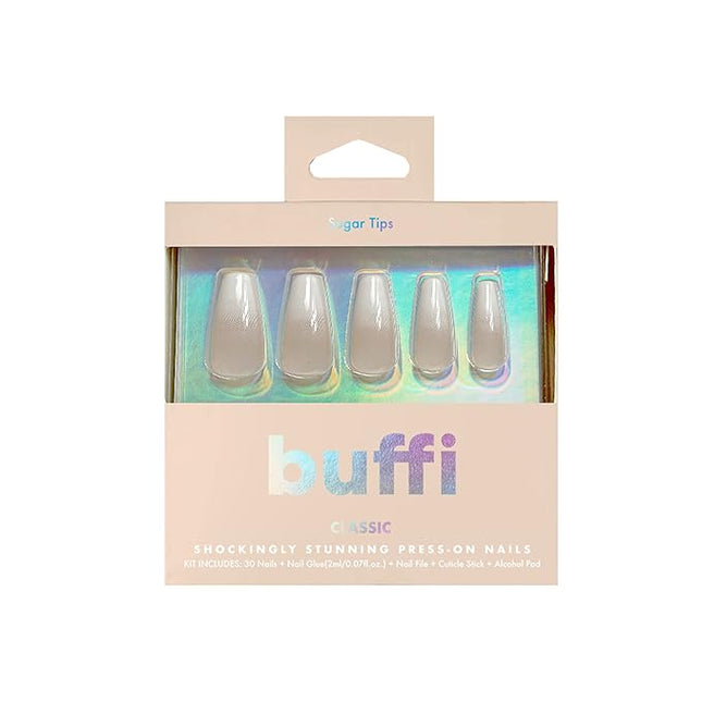 "BUFFI Press-On Nails Sugar Tips Long Coffin Shape Fake Nails with Glue | Classic French Gradient Ombre Effect | Nail Kit, File & Cuticle Stick | Durable Acrylic Nail Kit for Long Nails 28Pcs