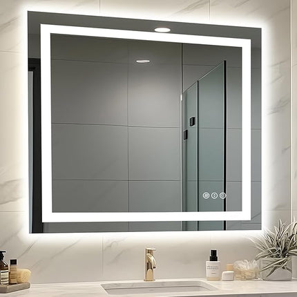 40"x38" Lighted Mirrors for Bathroom Wall, Front and Backlit, Anti-Fog LED Vanity Mirror, Shatter-Proof, 3 Colors Memory Mirror (Horizontal/Vertical)