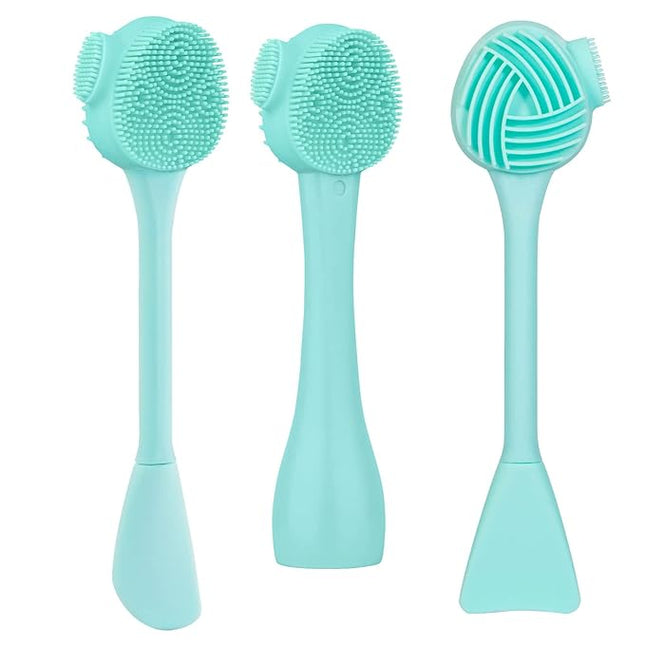 Silicone Facial Cleansing Brush 3 Pack, Beomeen 4 in 1 Handheld Face Scrubber for Deep Gentle Exfoliating, Double-Ended Face Wash Scrub Brush for Face Skincare and Massage (Green)
