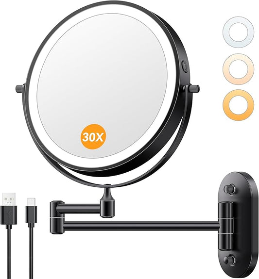 1X/30X Wall Mounted Makeup Mirror with Light, 8" Rechargeable Double-Sided Magnifying Mirror, Vanity Mirror Dimmable 3 Color Light, 360° Extension Rotation Foldable 14.5 Inch Arm, Black