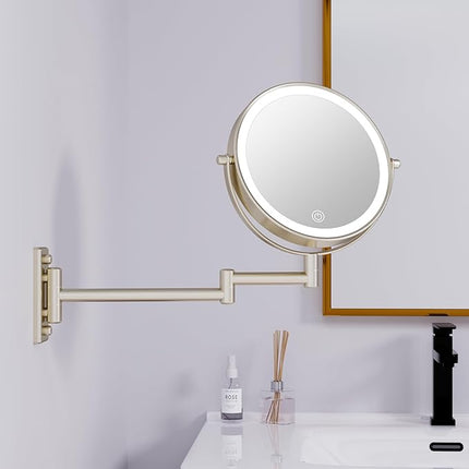 Rechargeable Lighted Makeup Mirror, 10x Magnifying Mirror, 3 Color Lights, Touch Screen Dimming, 360° Extendable Arm Wall Mounted Mirror for Bathroom Shaving (Brushed Nickel)