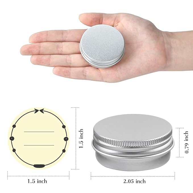 TUZAZO 12Pack 1 Oz Aluminum Tin Cans with Screw Lid and Labels, Refillable Travel Sized Cosmetic Containers Small Tins for Salves, Lotion Bars, Beard Balms, Candles