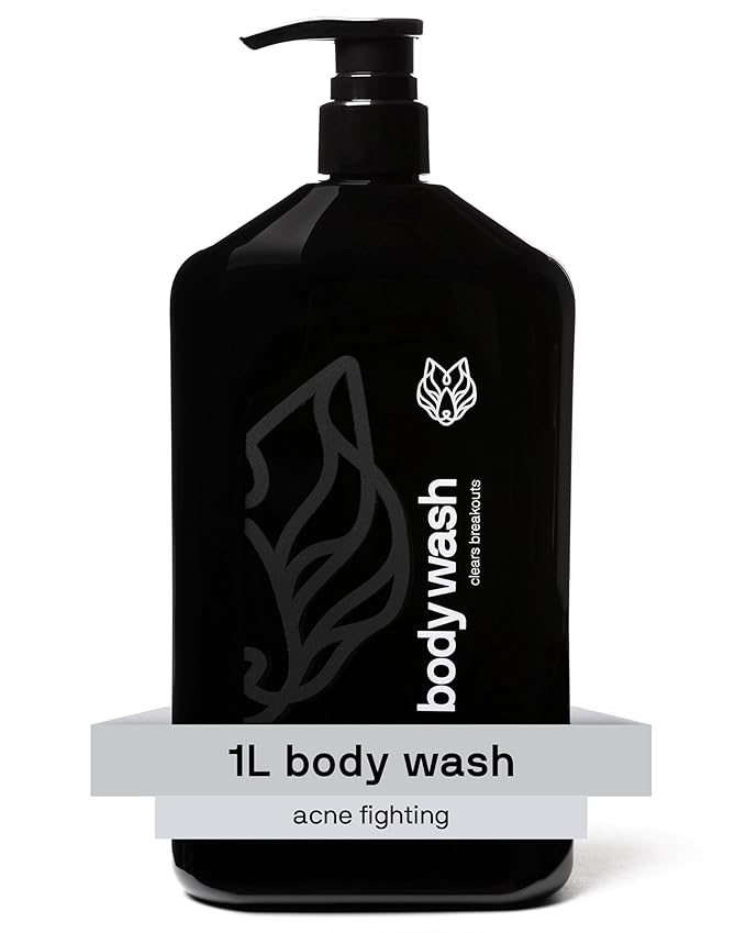 Black Wolf Salicylic Acid Body Wash for Men, 1 Liter - Men's Acne Body Wash - Charcoal Helps Reduce Acne Breakouts & Cleanse Your Skin - Full Coverage & Deep Clean Treatment - Men's Bodywash