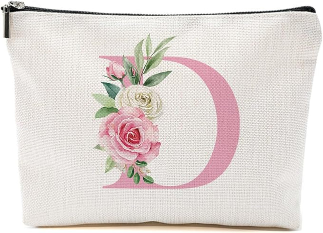 Pink Monogram Makeup Bag, Initial D, Cosmetic Bag Personalized Travel Organizer Bags Makeup Pouch, Monogrammed Gifts for Women Girls Friend Sisters Coworker Bridesmaid Wedding Bridal Shower Gifts