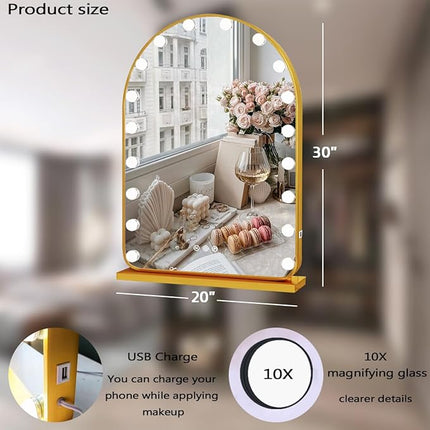 THEKLA Gold Arch Hollywood Vanity Mirror with Lights for Makeup Desk Table Wall Detachable Base Stand X10 Magnifying Dimmable 3 Color Lights 18 Bulbs