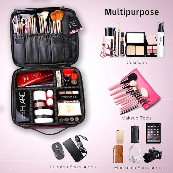 gzcz Travel Makeup Bag 10.4 Inches Professional Cosmetic Case Make Up Bag Cosmetic Brush Organizer Bag with Adjustable Divider, Storage Case for Girls and Women(S-Rose Red)