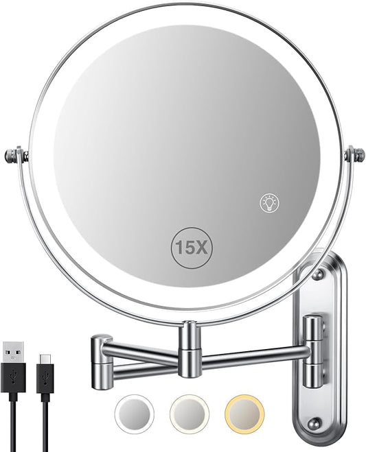 Wall Mounted Mirror with Lights - 15x Magnifing Extended Arm Mirror, 3 Color Lights & 360°Swivel Vanity Mirror, 8.5in Bathroom Mirrors for Wall Mounted - Chrome