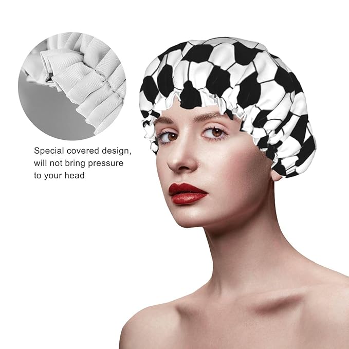 Sport Football Pattern Shower Cap For Women Reusable Waterproof Double Layers Bath Cap Hair Protection Elastic Ladies Spa Salon Shower Hat