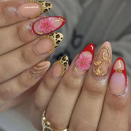 Short Press on Nails Almond Fake Nails with 3D Flower Gold Pearl Leopard Designs Red French Tips Nails Press ons Glossy Nude Pink Acrylic Nail Winter Fall Stick on Nail for Women 24 Pcs